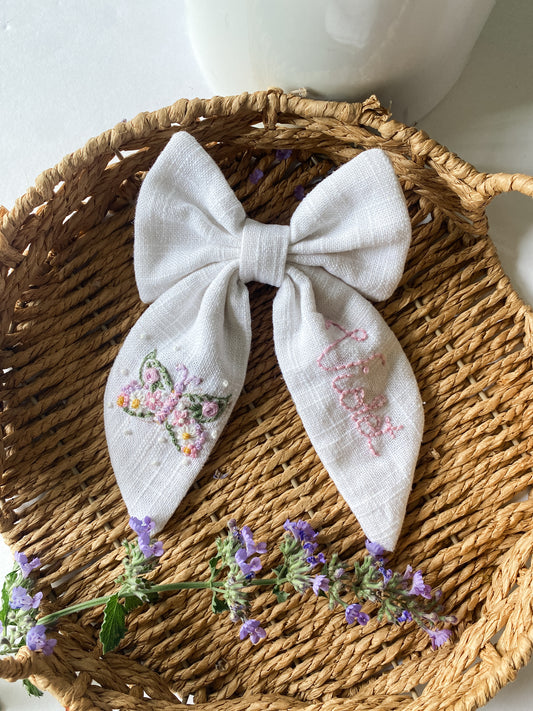 Linen Embroidered Butterfly Bow-Personalized