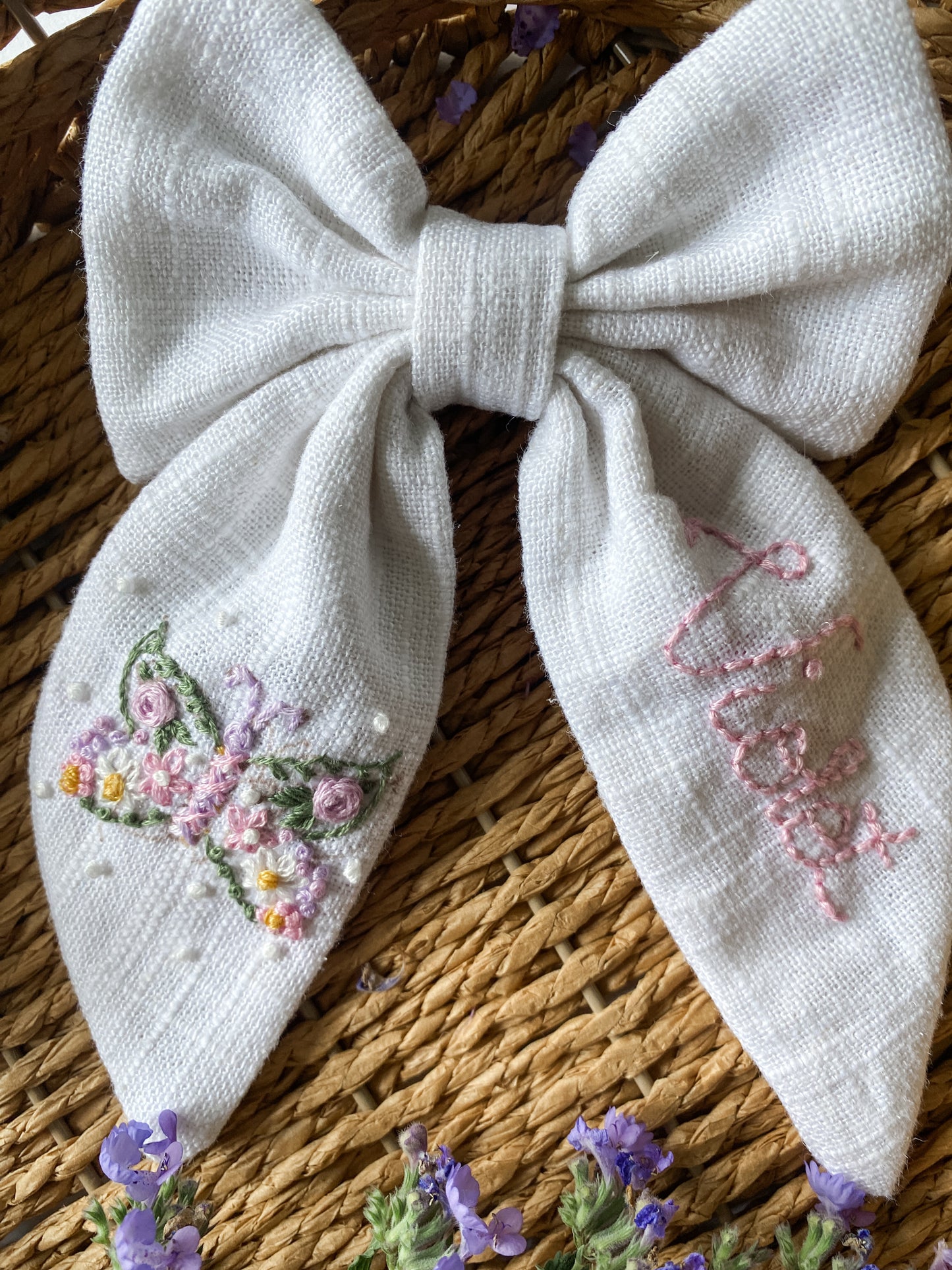 Linen Embroidered Butterfly Bow-Personalized